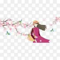 春天手绘女孩鸟樱花树枝花瓣-空若网 春天手绘女孩鸟樱花树枝花瓣-空若网