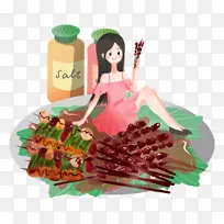 夏季烧烤啤酒女孩插画-空若网 夏季烧烤啤酒女孩插画-空若网