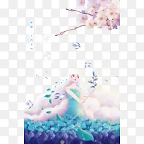 春分手绘女孩桃花燕子手绘草地-空若网 春分手绘女孩桃花燕子手绘草地-空若网