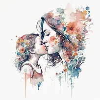 水彩画-水彩抽象女儿亲吻妈妈-空若网 水彩画-水彩抽象女儿亲吻妈妈-空若网