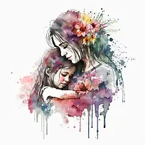 水彩画-水彩抽象女孩妈妈的爱-空若网 水彩画-水彩抽象女孩妈妈的爱-空若网