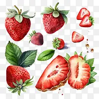 水彩草莓-水彩草莓水彩水果整个草莓切片水果-空若网 水彩草莓-水彩草莓水彩水果整个草莓切片水果-空若网