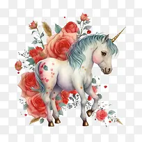 水彩独角兽-红玫瑰-空若网 水彩独角兽-红玫瑰-空若网
