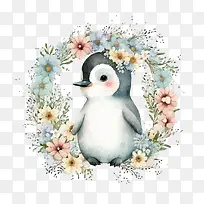 可爱的企鹅-可爱的企鹅小企鹅水彩花花环-空若网 可爱的企鹅-可爱的企鹅小企鹅水彩花花环-空若网