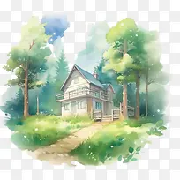 水彩小屋-水彩小屋房子水彩山森林-空若网 水彩小屋-水彩小屋房子水彩山森林-空若网