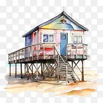 海滩小屋-海滩小屋海滨别墅多彩水彩建筑-空若网 海滩小屋-海滩小屋海滨别墅多彩水彩建筑-空若网