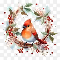 水彩画-冬青花环上红衣主教的水彩画-空若网 水彩画-冬青花环上红衣主教的水彩画-空若网