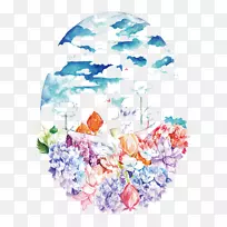 花卉设计花束水彩画天空水彩画下的水彩画-空若网 花卉设计花束水彩画天空水彩画下的水彩画-空若网