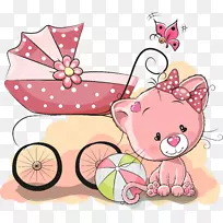 婴儿可爱插图-卡通可爱猫和婴儿车-空若网 婴儿可爱插图-卡通可爱猫和婴儿车-空若网