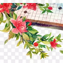 艺术水彩画山水画插图-棕色棋盘红花-空若网 艺术水彩画山水画插图-棕色棋盘红花-空若网