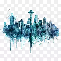 西雅图水彩画天际线画单色-空若网 西雅图水彩画天际线画单色-空若网
