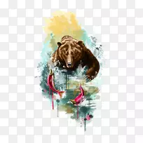 手绘水彩画熊捕鱼-空若网 手绘水彩画熊捕鱼-空若网