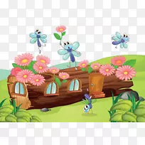 昆虫自然卡通插图-昆虫和树木-空若网 昆虫自然卡通插图-昆虫和树木-空若网