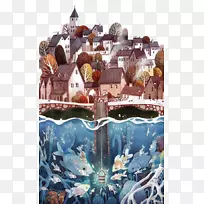 水彩画插画-河滨镇-空若网 水彩画插画-河滨镇-空若网