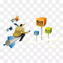Adobe插画-卡通抽象白领工人坐箭头电视-空若网 Adobe插画-卡通抽象白领工人坐箭头电视-空若网