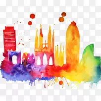 巴塞罗那天际线水彩画艺术水彩画点城-空若网 巴塞罗那天际线水彩画艺术水彩画点城-空若网