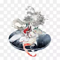 水彩画艺术插画-松下女鱼-空若网 水彩画艺术插画-松下女鱼-空若网