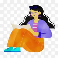 坐着 坐在地板上 水彩画-空若网 坐着 坐在地板上 水彩画-空若网