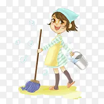 卡通手绘插图擦地板干活的小女孩-空若网 卡通手绘插图擦地板干活的小女孩-空若网