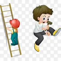 手绘创意梯子卡通建筑工人素材-空若网 手绘创意梯子卡通建筑工人素材-空若网