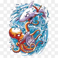 矢量鲨鱼大战章鱼-空若网 矢量鲨鱼大战章鱼-空若网