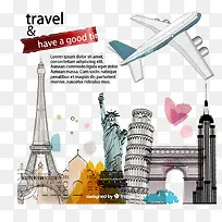 水彩环球旅行插画矢量商场,-空若网 水彩环球旅行插画矢量商场,-空若网