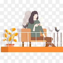 手绘阳台喝咖啡女生插画装饰图案-空若网 手绘阳台喝咖啡女生插画装饰图案-空若网