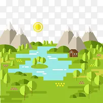 扁平化郊外湖泊风景矢量-空若网 扁平化郊外湖泊风景矢量-空若网