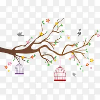 矢量树枝与鸟笼-空若网 矢量树枝与鸟笼-空若网