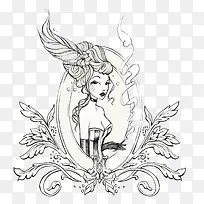 黑白插画相框美女-空若网 黑白插画相框美女-空若网