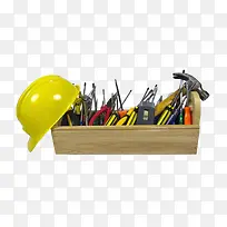 黄色帽子和木质工具箱-空若网 黄色帽子和木质工具箱-空若网