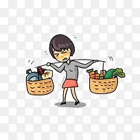 女子辛苦的挑着煤气罐大米和蔬菜-空若网 女子辛苦的挑着煤气罐大米和蔬菜-空若网