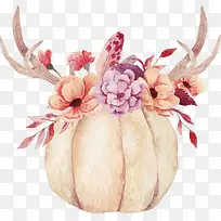 水彩南瓜上的花朵和树枝-空若网 水彩南瓜上的花朵和树枝-空若网