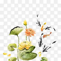 手绘水彩池塘荷花鱼儿-空若网 手绘水彩池塘荷花鱼儿-空若网