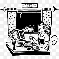 黑白装饰画夜晚喝咖啡的女孩-空若网 黑白装饰画夜晚喝咖啡的女孩-空若网