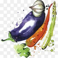 手绘茄子红萝卜水彩蔬菜-空若网 手绘茄子红萝卜水彩蔬菜-空若网