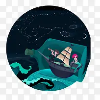 卡通手绘漂流瓶夜景-空若网 卡通手绘漂流瓶夜景-空若网