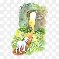 水彩插图墙边绿草野花-空若网 水彩插图墙边绿草野花-空若网