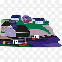 矢量海边渔村素材-空若网 矢量海边渔村素材-空若网