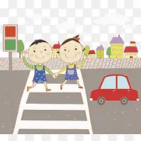 卡通手牵手过马路场景图-空若网 卡通手牵手过马路场景图-空若网