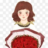 三八节手绘装饰人物插画手捧玫瑰-空若网 三八节手绘装饰人物插画手捧玫瑰-空若网