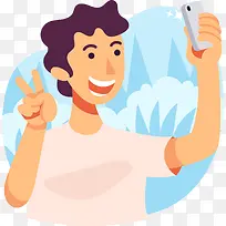 手绘比耶自拍插画-空若网 手绘比耶自拍插画-空若网