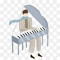 小清新风水蓝色水彩卡通弹钢琴-空若网 小清新风水蓝色水彩卡通弹钢琴-空若网