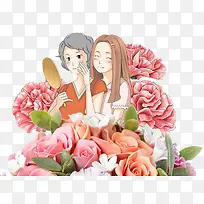 母亲节手绘鲜花母女插画-空若网 母亲节手绘鲜花母女插画-空若网