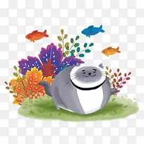 创意手绘肥猫和鱼-空若网 创意手绘肥猫和鱼-空若网