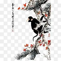 中国风水墨画猴子和树枝红叶免抠-空若网 中国风水墨画猴子和树枝红叶免抠-空若网