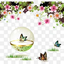 透明圆球蝴蝶花朵插画-空若网 透明圆球蝴蝶花朵插画-空若网