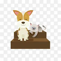 坐在台阶上玩耍的猫狗-空若网 坐在台阶上玩耍的猫狗-空若网