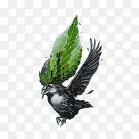 黑白绿叶小鸟插画-空若网 黑白绿叶小鸟插画-空若网