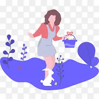 扁平女性手提花篮插画装饰-空若网 扁平女性手提花篮插画装饰-空若网